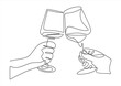 	
Continuous one line drawing. cheering with glasses of wine or champagne. Minimalism sketch hand drawn isolated on white background. Simplicity line art abstract style.