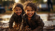 Children play mud happily.Photo of two small kids playing in mud.Ai