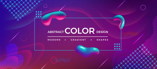 Poster - Gradient background. Abstract color cover design. Blue red and purple modern shapes. 3D digital liquid glossy figures. Minimal banner. Cross and line spot forms. Vector geometric poster