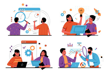 Poster - People signing contracts. Man with magnifier reading business document. Agreement audit. Woman analyzing project infographics. Mistakes and fraud search. Papers revision. Vector concept