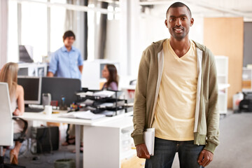 Poster - Happy, entrepreneur and portrait of business black man in startup agency for creative, manager and designer. Professional, consultant and advisor with face of employee in coworking office for career