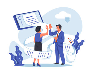 Poster - Contract signature. Partners signing documents. Businessman negotiation. Business partnership. Office people handshaking. Smartphone technology. Electronic agreement. Vector concept