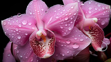 Pink Orchid With Drops, Pink Flower And Leaves Of The Phalaenopsis Orchid In A Flower Pot On The Windowsill In The House Closeup Macro View