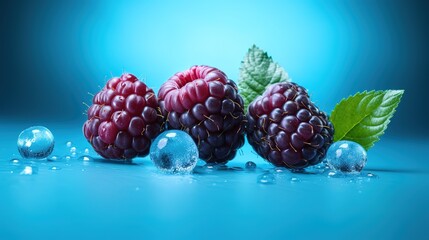 Wall Mural - raspberry floating isolated on blue background