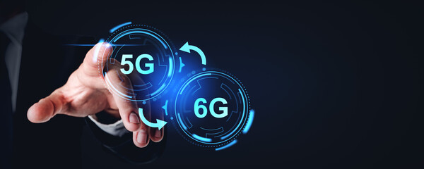 Poster - Businessman finger touch 5G and 6G icons with arrows, internet technology