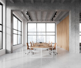 Wall Mural - Industrial office room interior with table and armchairs, panoramic window