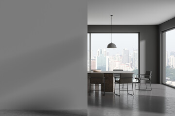 Grey living room interior with eating table and chairs, window. Mock up wall