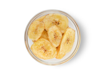 Wall Mural - Healthy organic dried sweet banana chips on white background.Top view.Macro.
