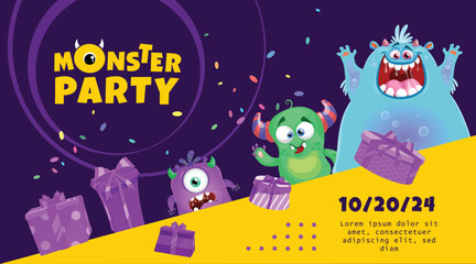 Wall Mural - Monster Party Banner Template with Funny Monsters. Happy Birthday Greeting or Invitation Design Template for Anniversary in Cartoon Style. Vector Illustration.