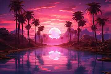 Wall Mural - Tropical synthwave retro landscape with palm trees, sun and water, pink red colors, background