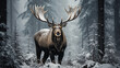 Big male Bull red deer in deep moose coniferous forest in rays of sunset
