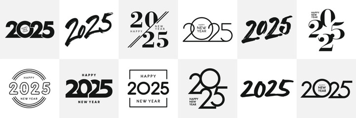 Aufkleber - Big Set of 2025 Happy New Year logo text design. 2025 number design template. Collection of 2025 Happy New Year symbols. Vector illustration with black labels isolated on white background.