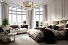 Modern And Luxurious Bedroom Interior Design With Classic And Neoclassical Elements, Elegant Bed And Stylish Decor.