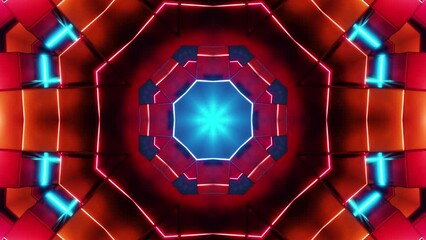 Poster - Red and blue circular object with blue lights around it. Kaleidoscope VJ loop.