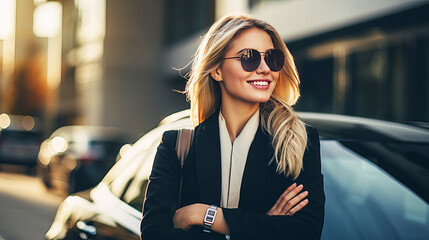 Young beautiful blonde girl near an expensive luxury car. Business lady near the car.