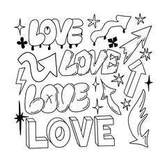Poster - Hand drawn doodle set with word Love in 90s style. Collection of stars and arrows. Black hand drawn signs and words in bubble, street style graffiti. Perfect for social media, background, post