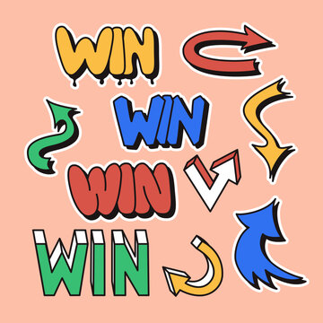 Vintage 90s and 2000s style sticker set with word Win and variation of arrows signs. Square composition. Good for social media, background, post, greeting card.