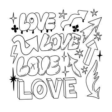 Hand drawn doodle set with word Love in 90s style. Collection of stars and arrows. Black hand drawn signs and words in bubble, street style graffiti. Perfect for social media, background, post