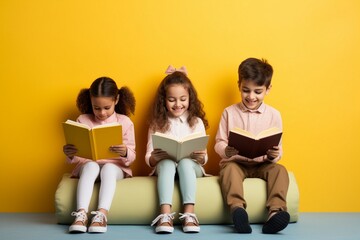 Cute little children reading books while sitting against a colorful background, cute little children reading books, children reading books, education concepts, book reading concepts, happy children 