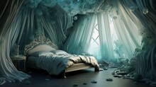 A Surreal Underwater-themed Bedroom Featuring Hexagonal Wallpaper In Shades Of Aquamarine And Silver, Brought To Life With Impeccable 3D Rendering.