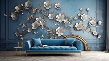 Transform Your Space With A Stunning 3D Wallpaper Capturing The Essence Of A Floral Tree, Boasting Silver-blue Flower Leaves And A Radiant Gold Stem