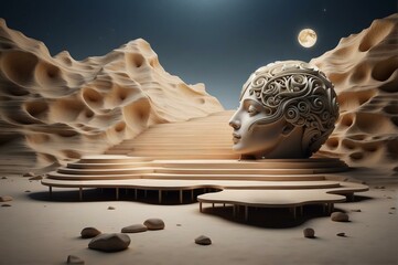 Surreal Image of a Woman's Head Surrounded by Rocks