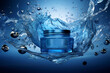Skin reviving cream against the background of blue splashes of water.  Glass jar of beauty cream on blue background. Moisturizing cream. Glass jar of beauty cream in splashes of water.