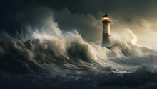 Lighthouse In Storm Over The Ocean