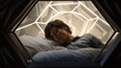 A person resting inside a futuristic sleep pod.