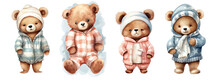 Collection Of PNG. Cute Bear Wearing Pajamas. Watercolor Illustration Isolated On A Transparent Background.