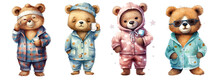Collection Of PNG. Cute Bear Wearing Pajamas. Watercolor Illustration Isolated On A Transparent Background.