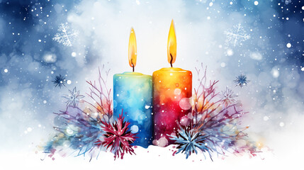 watercolor drawing of burning candles Christmas background