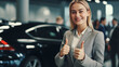 Young professional beautiful girl manager in a car dealership shows thumbs up. Concept of buying a new car. Professional auto service.