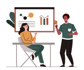 Poster - office scene concept. teamwork, colleagues and partners. financial occupation. man and woman with gr