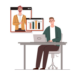 Poster - Office scene concept. Teamwork, colleagues and partners. Financial occupation. Man with laptop with video call, remote worker. Cartoon flat vector illustration isolated on white background