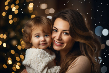 Generative AI happy child with mother preparing for christmas night together