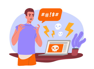 Poster - computer virus concept. man with laptop at hacker attack. dangerous on internet. young guy without a