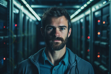 Generative AI conceptual portrait of successful business person man woman hacker programmer in office