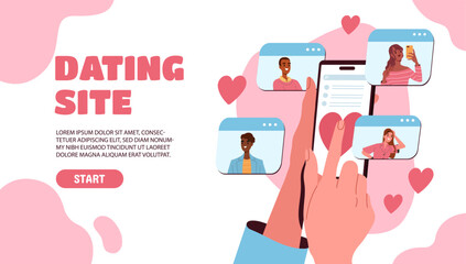 Poster - Dating mobile application poster. Romance and love. Communication in social networks between boys and girls. Romantic meeting. Landing page design. Cartoon flat vector illustration