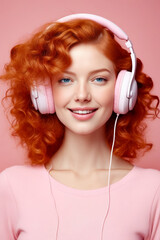 Poster - Woman with red hair wearing headphones and smiling.