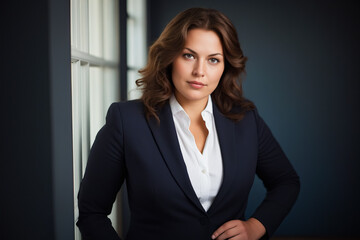 Poster - Woman in suit posing for picture in front of window.