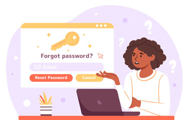 Poster - woman forgot password concept. young girl without access to her profile or account. bad authorizatio