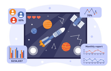 Game analytics concept. Rocket at planets and constellations. Galaxy and cosmos, space. Mobile aplication development. Cartoon flat vector illustration isolated on white background