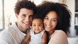 Portrait of happy multiracial young family with little daughter look at camera posing, smiling multiethnic parents cuddle hug with small kids girls, enjoy. AI