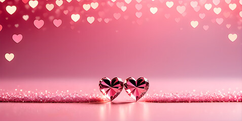 Wall Mural - Valentine's day banner with heart shaped diamonds on light pink bokeh background.