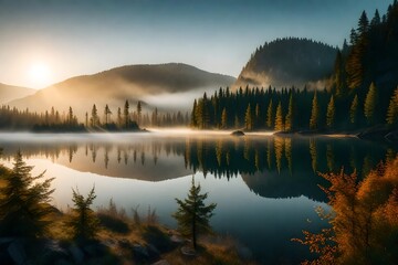 Wall Mural - Wonderful sight of misty morning nature. View of a highland forest lake with a rocky peak in the distance. Magnificently untamed surroundings before dawn