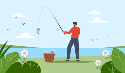 Man with fishing rod concept. Fisherman with basket with prey. Young guy catch fish in lake. Active lifestyle, leisure and rest. Person fishing outdoor. Cartoon flat vector illustration