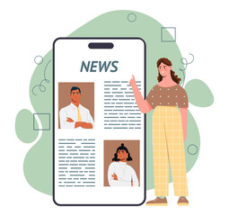 Poster - woman with news at smartphone concept. young girl read mass media website. propaganda and lie, fake 