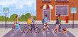 People cross city road concept. Young guys and girls at crosswalk. Pedestrian at urban background. Road traffic and rules. Citizens walk at streets. Cartoon flat vector illustration