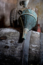 Old Vintage Wine Barrels, An Old Metal Watering Can 